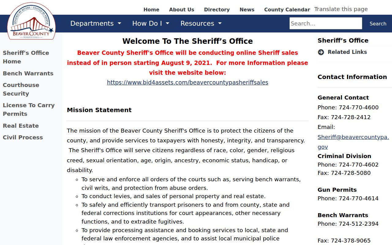 Beaver County Sheriff office source for Beaver County arrest records