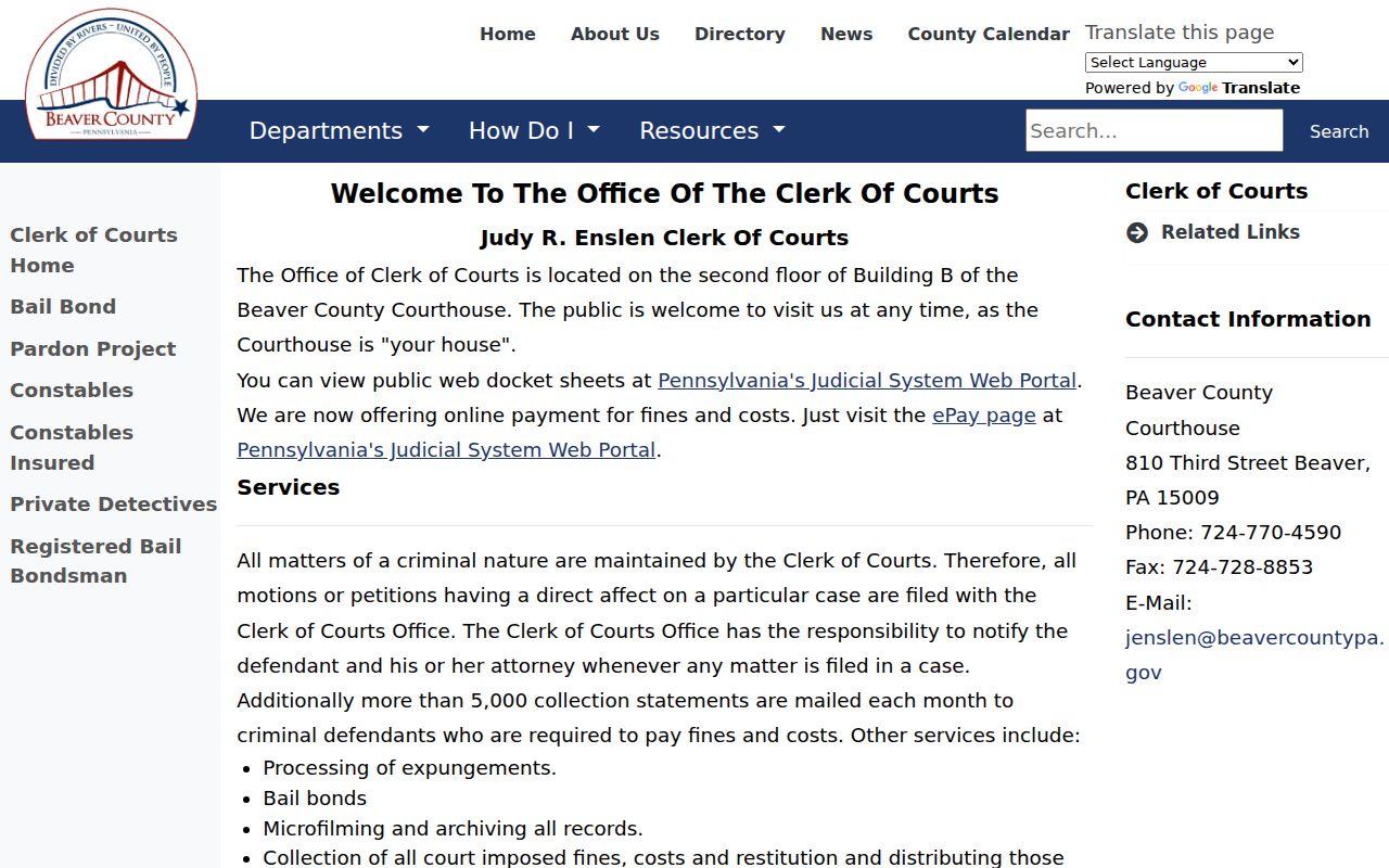 Beaver County Clerk of Courts criminal records service page