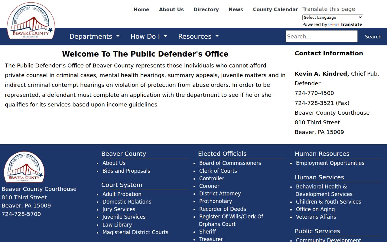 Beaver County Public Defender criminal case information page