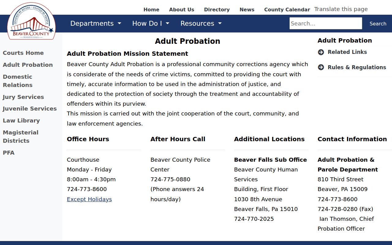 Beaver County Adult Probation criminal supervision information