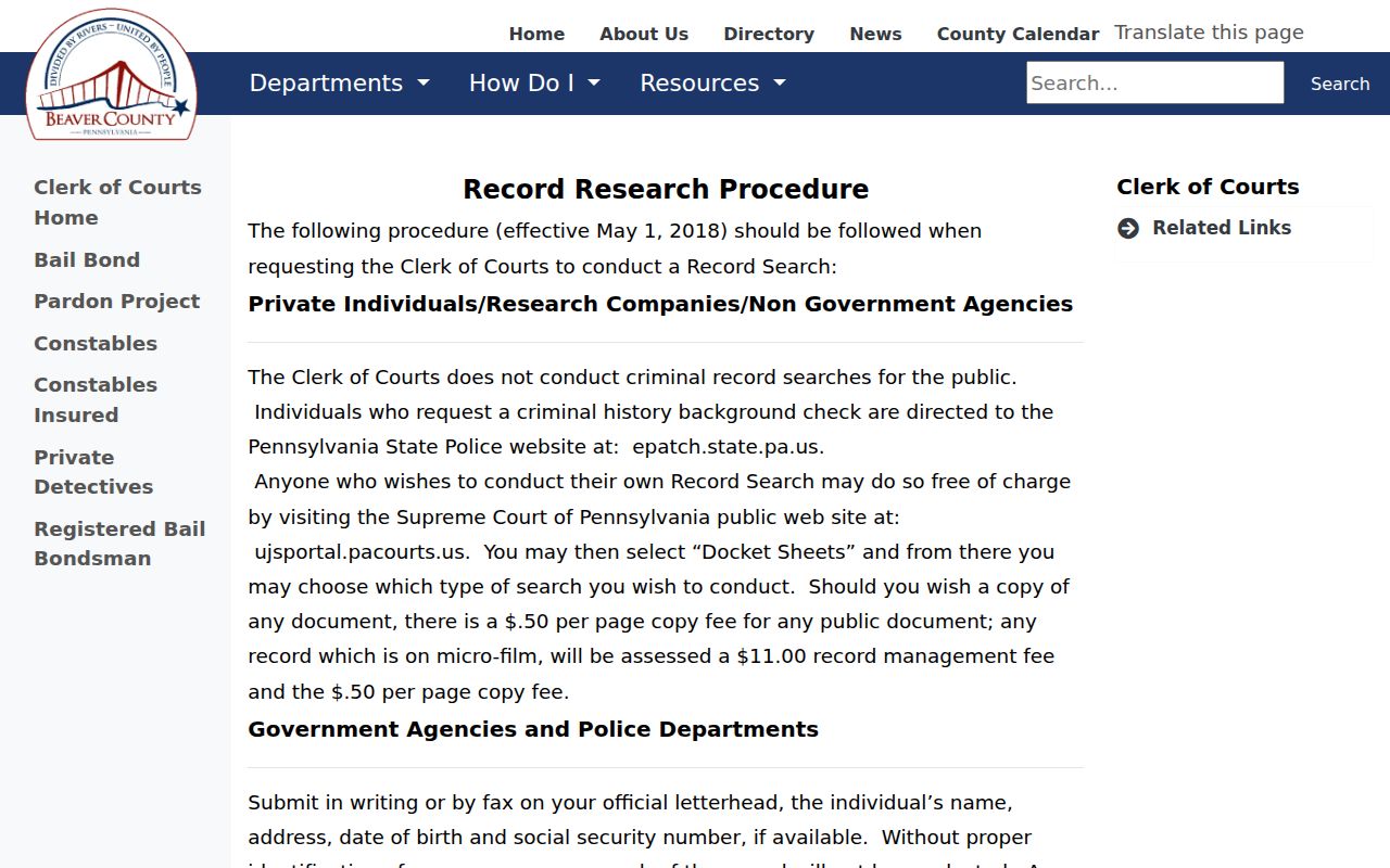 Beaver County criminal record research procedure and copy fees